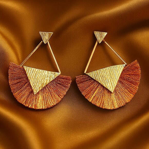 Geometric Gold Fan Earrings with Metallic Accents – Modern Statement Jewelry - Picture 1 of 12